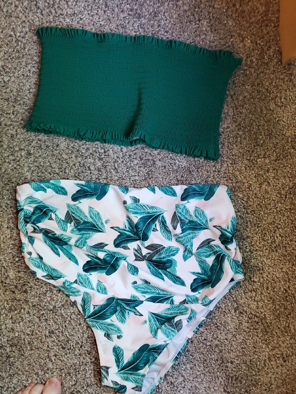 Maternity Green Smocked Bandeau Top & Tropical Leaf High-Waist Bikini Bottoms